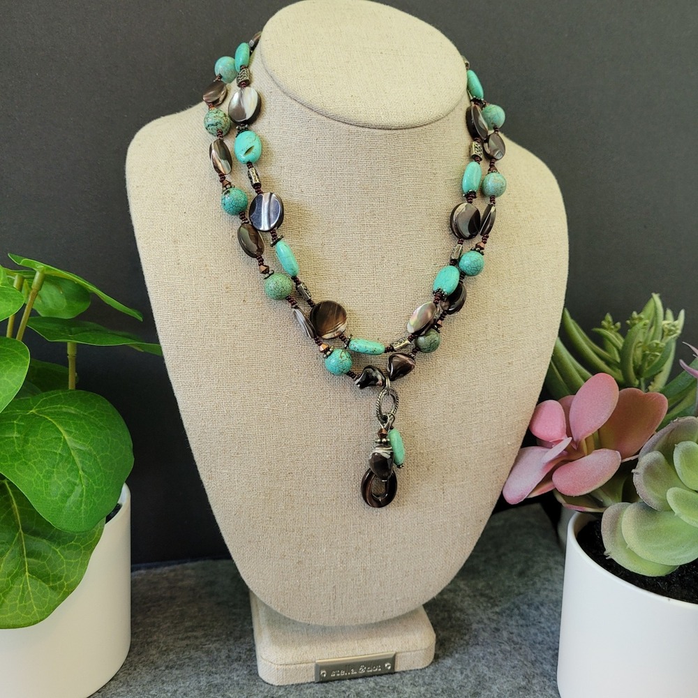 Boho Turquoise Color Brown Bead Statement Necklace Layered Pendant 15"